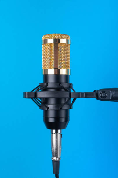 istock Studio microphone for recording podcasts, songs, and radio programs on a blue background with a place for inscription. copyspace 1213899531