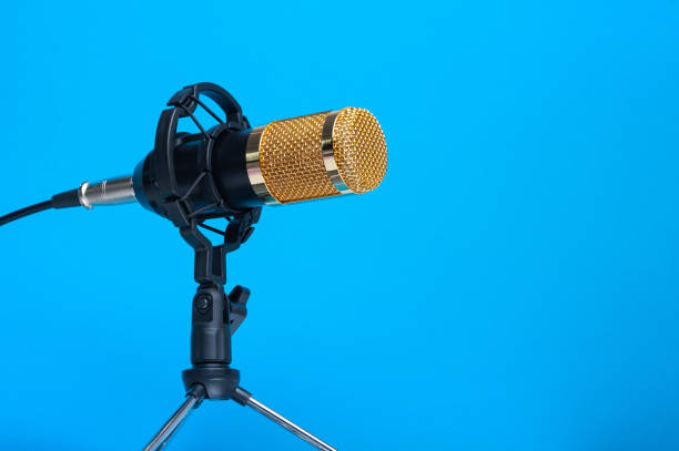 istock Studio microphone for recording podcasts, songs, and radio programs on a blue background with a place for inscription. copyspace 1213900678