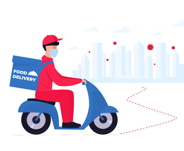 COVID-19. Quarantine in the city. Coronavirus epidemic. Delivery man in a protective mask carries food on a bike COVID-19. Quarantine in the city. Coronavirus epidemic. Delivery man in a protective mask carries food on a bike. motor living stock illustrations