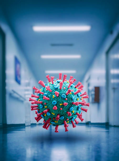 Corona Virus COVID-19 floating microscopic macro mockup in hospital