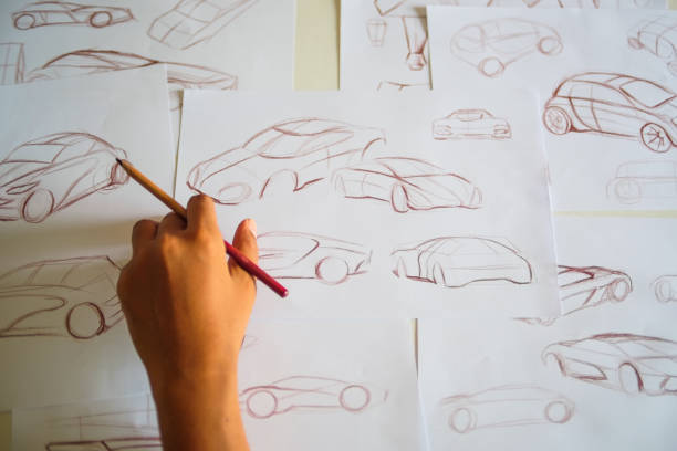 istock Graphic designer artist Work drawing sketch design development Prototype car Automotive industrial creative visual concept 1213906416