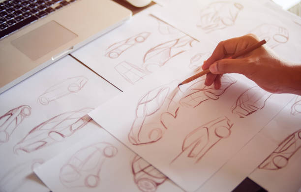 istock Graphic designer artist Work drawing sketch design development Prototype car Automotive industrial creative visual concept 1213906418
