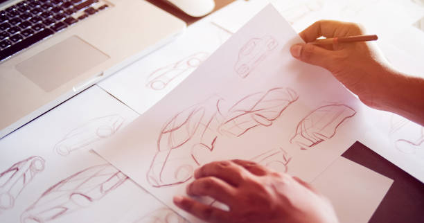 istock Graphic designer artist Work drawing sketch design development Prototype car Automotive industrial creative visual concept 1213906420