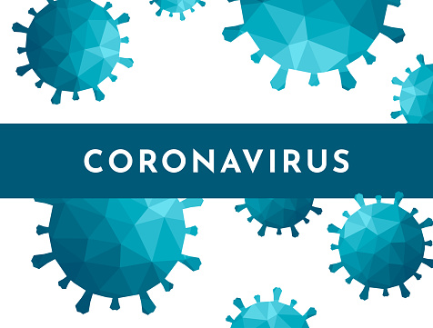 Vector modern illustration, actual template for banner. Stop pandemic with text - Coronavirus. Blue polygonal virus shapes (COVID-19). Dangerous situation in the world. White background