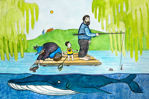 할아버지, 아버지, 아들의 가족들은 여름에 뗏목을 타고 함께 낚시를 합니다. - child inflatable raft lake family stock illustrations