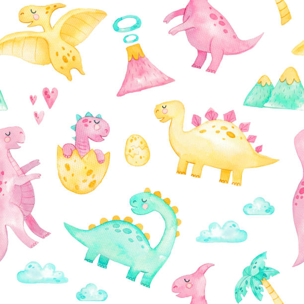 istock Watercolor painting seamless pattern with cute dinosaurs. 1213912597