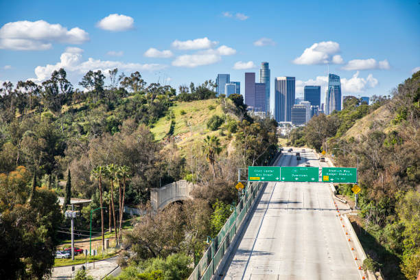 Empty Los Angeles Freeways during Coronavirus Pandemic Los Angeles California freeways empty during 2020 Coronavirus pandemic. stitched image stock pictures, royalty-free photos & images