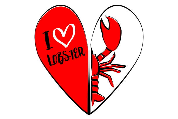 мультфильм красный половина oof омаров внутри формы сердца с i love lobster текст. логотип вектора морепродуктов для меню ресторана - oof stock illustrations