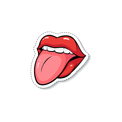 Cartoon Mouth With Red Lips And Tongue Sticking Out Isolated Doodle Sticker  Stock Illustration - Download Image Now - iStock