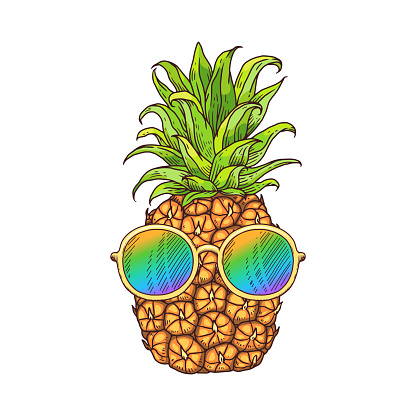 Doodle pineapple or ananas fruit icon in sunglasses, cartoon vector illustration isolated on white background. Summer beach leisure and vacation sign or symbol.