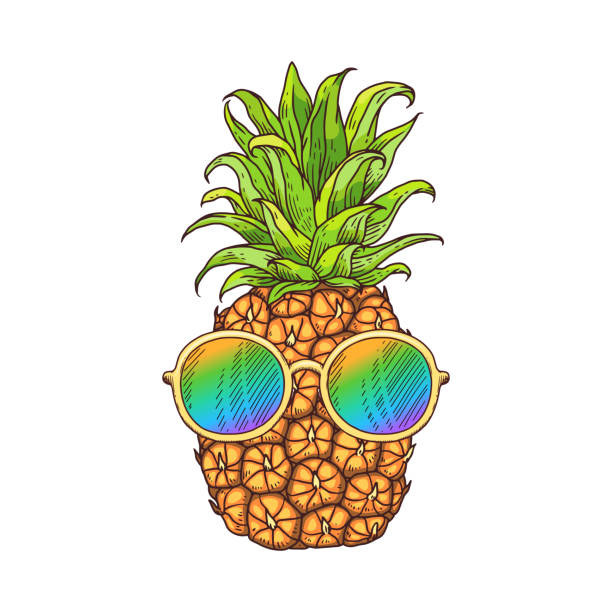 Doodle pineapple or ananas fruit icon in sunglasses vector illustration isolated. Doodle pineapple or ananas fruit icon in sunglasses, cartoon vector illustration isolated on white background. Summer beach leisure and vacation sign or symbol. ananas stock illustrations