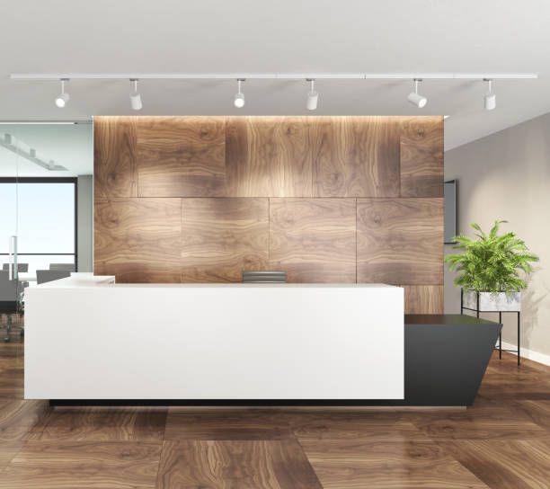 istock Modern office interior with big white desk 1213916425