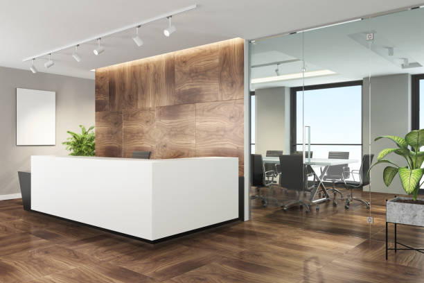 istock Modern office interior with big white desk 1213916515