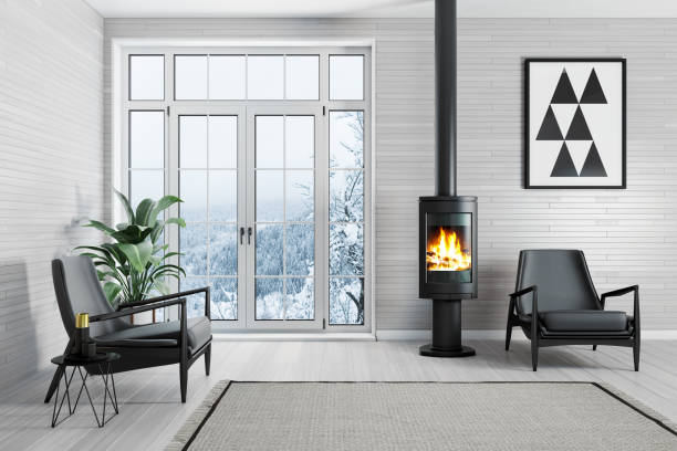 istock White Scandinavian living room with eco fireplace 1213918895