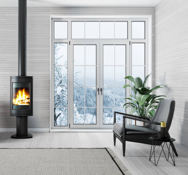 istock White Scandinavian living room with eco fireplace 1213918897
