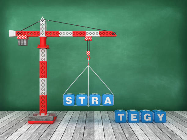 istock Tower Crane with STRATEGY Word on Chalkboard Background - 3D Rendering 1213920332
