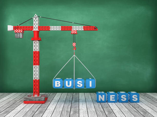 istock Tower Crane with BUSINESS Word on Chalkboard Background - 3D Rendering 1213920372