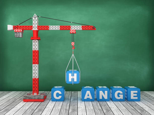 istock Tower Crane with CHANGE Word on Chalkboard Background - 3D Rendering 1213920401