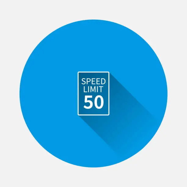 Vector illustration of Vector Speed Limit 50 mph icon on blue background. Flat image with long shadow.