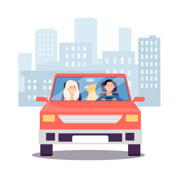 illustrazioni stock, clip art, cartoni animati e icone di tendenza di viaggio in auto di famiglia con personaggi persone che cavalcano illustrazione vettoriale piatta isolata. - dog car