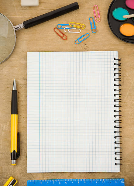 istock school accessories and checked notebook on wood 121392584