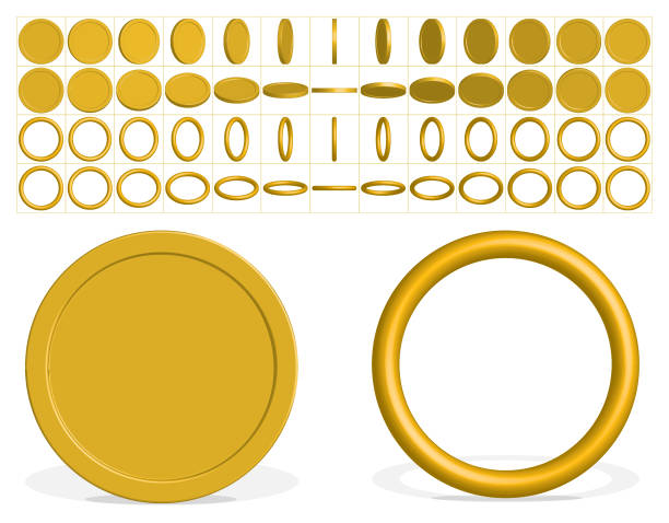 illustrations, cliparts, dessins animés et icônes de pièces d’or et anneaux avec tous les angles tournants pour l’animation dans les jeux - medium group of objects