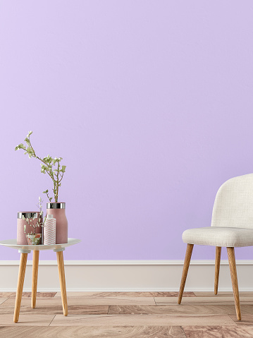 Empty retro interior on lavender plaster wall background on hardwood floor with copy space and decoration. Slight vintage effect added. 3D rendered image.