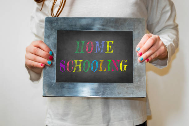 child holding up a blackboard with the word homeschooling stock photo