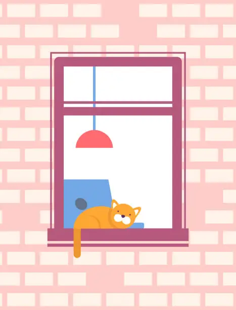 Vector illustration of Cat Sleeping on Window Sill Open Window on Facade