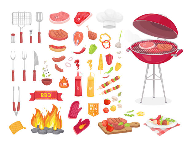 ilustraciones, imágenes clip art, dibujos animados e iconos de stock de colección de cubiertos de barbacoa y varios platos de carne - salt sausage fire flame