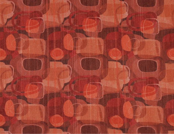 Fabric patchwork with abstract print Fabric patchwork with abstract print in red, orange and brown tones of 60-70's style dnt stock pictures, royalty-free photos & images