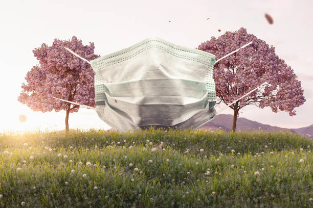 protective mask hanging on japanese cherry trees. 3D Rendering