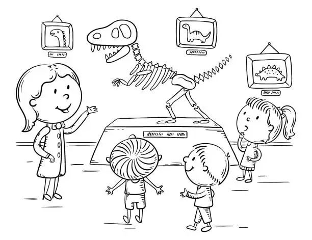 Vector illustration of Kids on excursion in the dinosaur or natural history museum with a guide or teacher, outline illustration