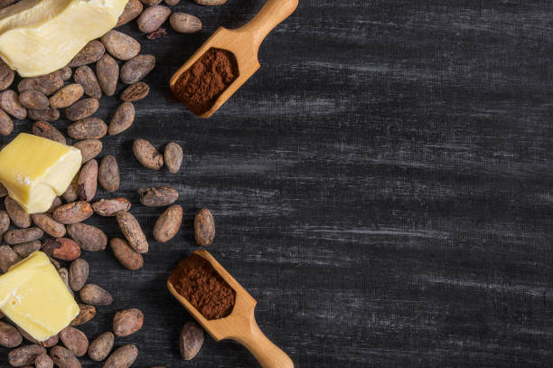 istock Cocoa butter or Cocoa bean solid oil with cacao powder in spoon and raw cocoa beans on rustic backdrop, healthy natural oil 1213939634
