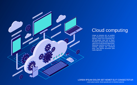 Cloud computing, data processing flat isometric vector concept illustration