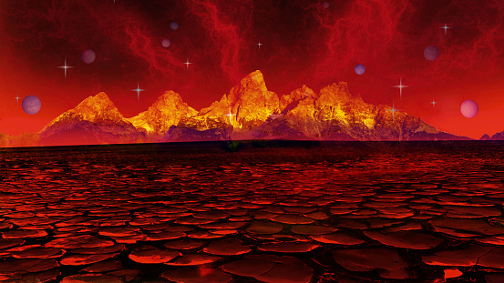 Alien Planet Apocalypse - Red Outer Space Scene - Dramatic Landscape and Nebula Sky - Desert Parched. Elements of this image furnished by NASA. Source: https://eoimages.gsfc.nasa.gov/images/imagerecords/87000/87843/tetons_photo_2015_lrg.jpg and https://www.nasa.gov/sites/default/files/styles/ubernode_alt_horiz/public/thumbnails/image/atacama_1.jpg