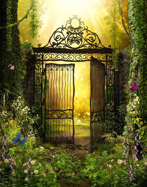 Iron Gateway to a Secret Garden An open iron gate leads to an enchanting secret garden surrounded by ivy covered trees, 3d render. mystery stock pictures, royalty-free photos & images
