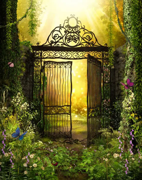 An open iron gate leads to an enchanting secret garden surrounded by ivy covered trees, 3d render.