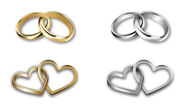 ilustrações, clipart, desenhos animados e ícones de conjunto de anéis de casamento de ouro e prata. anéis em forma de coração e em forma redonda - wedding ring love engagement