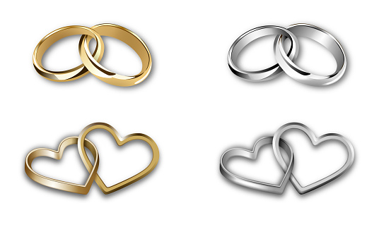 set of gold and silver wedding rings. heart-shaped and round-shaped rings vector
