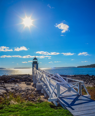 Marshall Point Lighthouse stands on a rocky point at the end of the St. George peninsula in Maine.