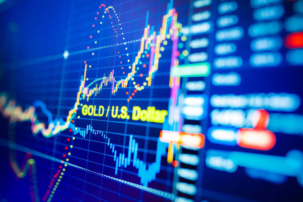 istock Data analyzing in commodities metal market: the charts and quotes on display. Gold price analysis. Classic gold volatility against the US dollar. 1213941725