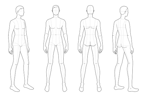 Fashion template of standing men. 9 head size for technical drawing with main lines. Gentlemen figure front, 3-4 and back view. Vector outline boy for fashion sketching and illustration.