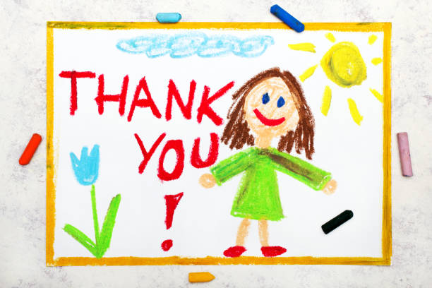 zdjęcie kolorowego rysunku: uśmiechnięta młoda kobieta i ręcznie rysowana fraza z napisem thank you - czarny_bez zdjęcia i obrazy z banku zdjęć