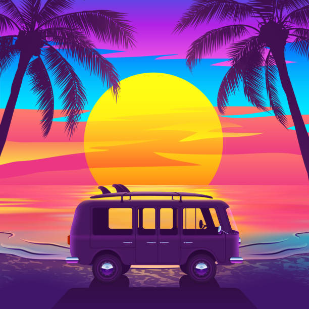 야자수와 일몰과 아름다운 열대 해변에서 서핑 보드와 밴 - summer beach multi colored vacations stock illustrations