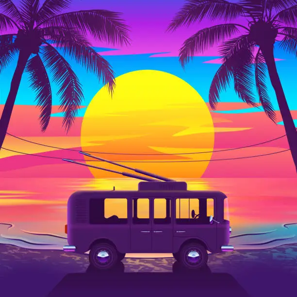 Vector illustration of Happiness Trolleybus on Beautiful Tropical Beach with Palm Trees and Sunset
