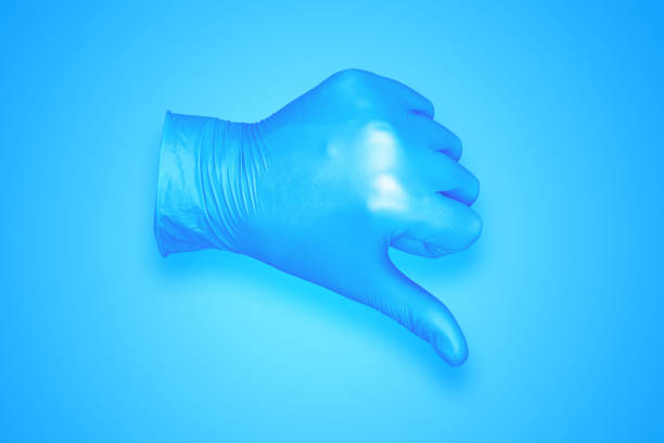 keep distance sign by hand in latex glove medicine tool on simple background isolated white space for copy or your text here, global pandemic concept poster advertising format