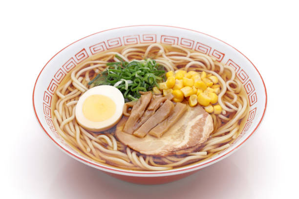 Japanese Soy sauce ramen noodles in a bowl stock photo