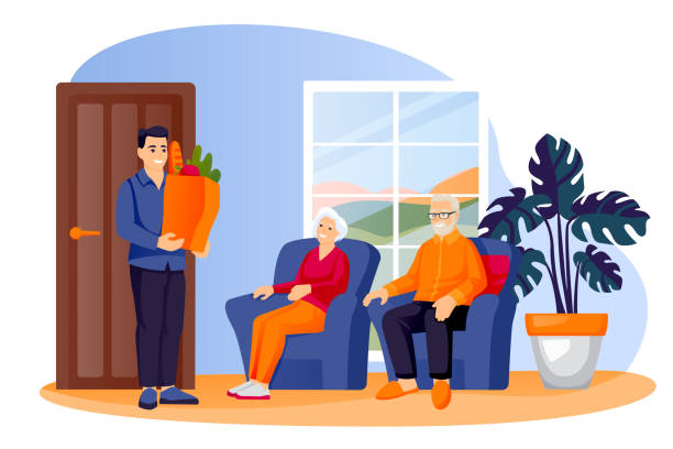 mężczyzna przynosił jedzenie starszym rodzicom lub dziadkom. wolontariusz dostarcza artykuły spożywcze do starszej pary. ilustracja wektorowa - senior adult senior couple grandparent retirement stock illustrations