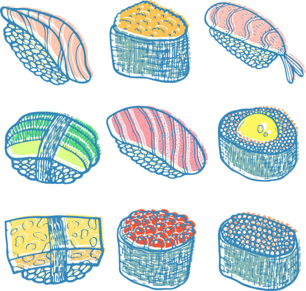 zestaw sushi. szkic kolorowe ilustracji. kolekcja sushi i rolls. japońskie owoce morza. elementy do projektowania menu restauracji. ilustracja wektorowa. - skratch stock illustrations